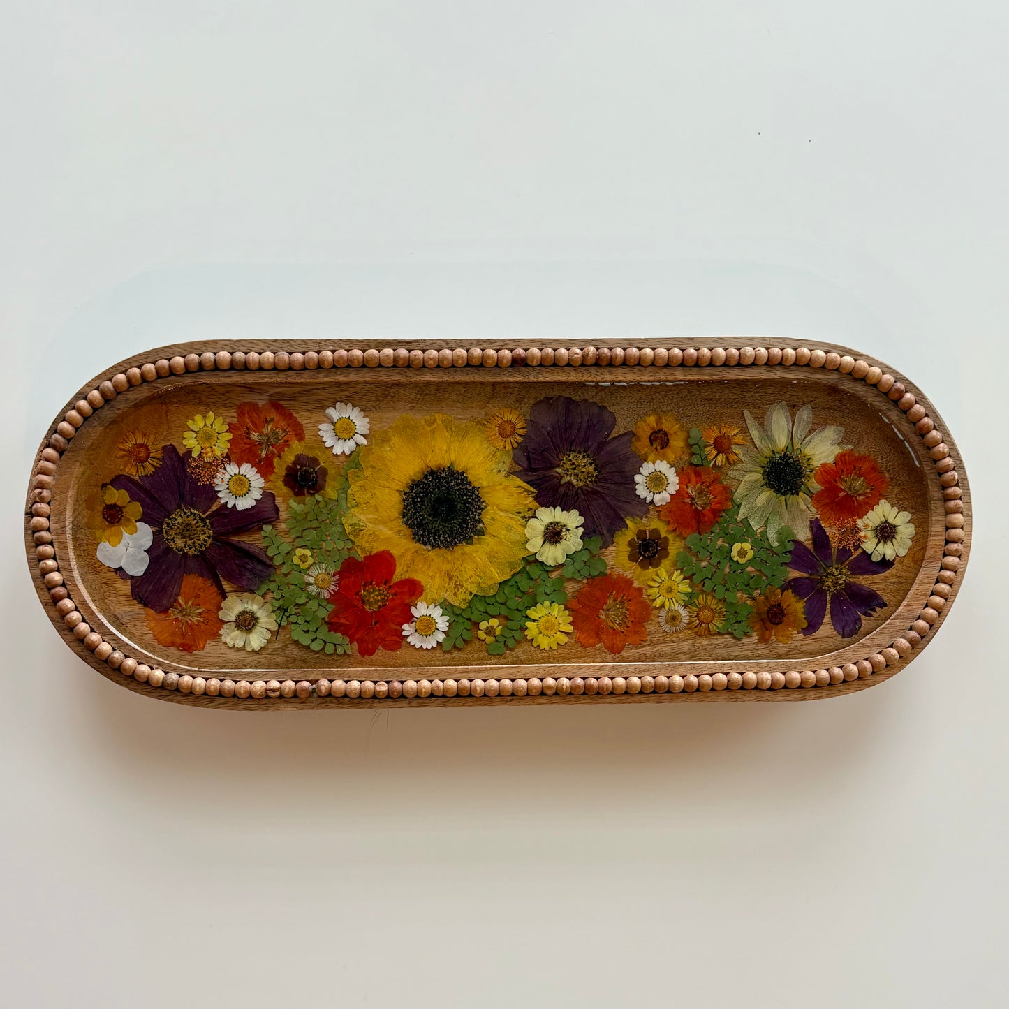 Oval Beaded  Raised Wood Floral Tray