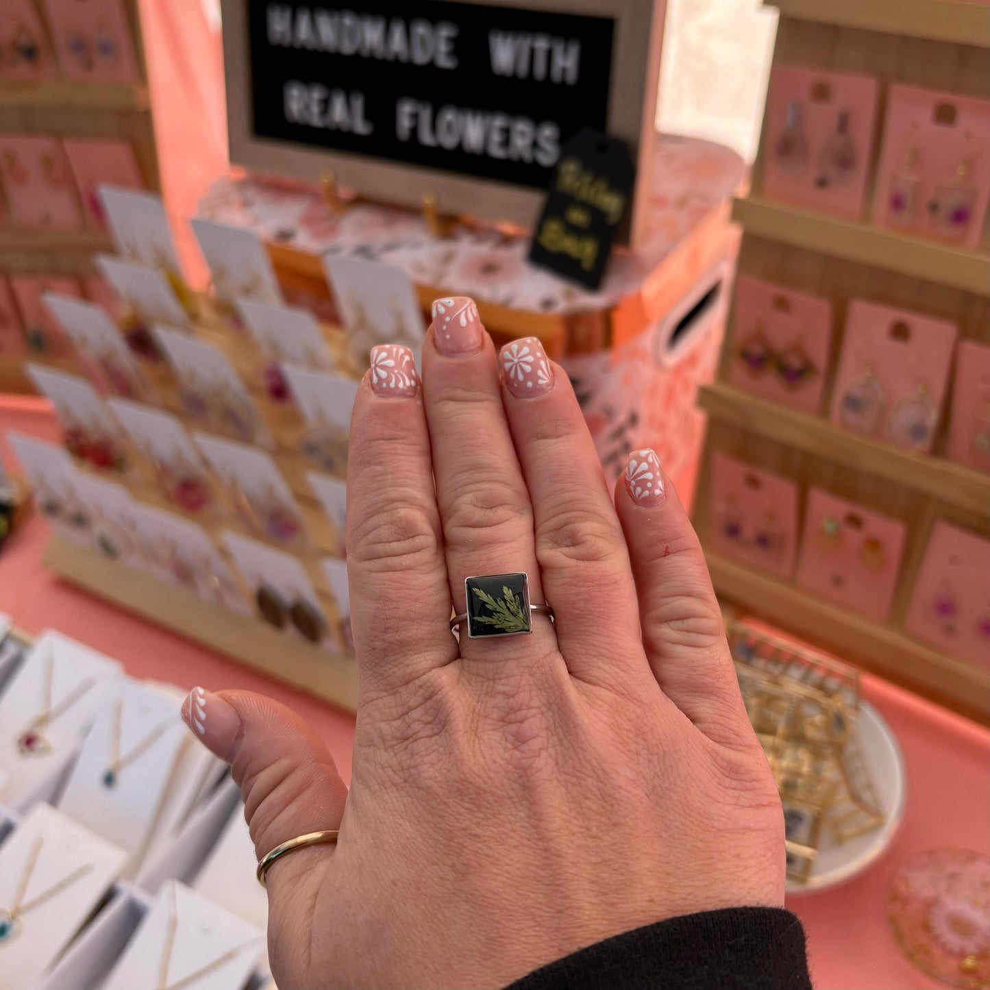 Adjustable Square Black Floral Ring