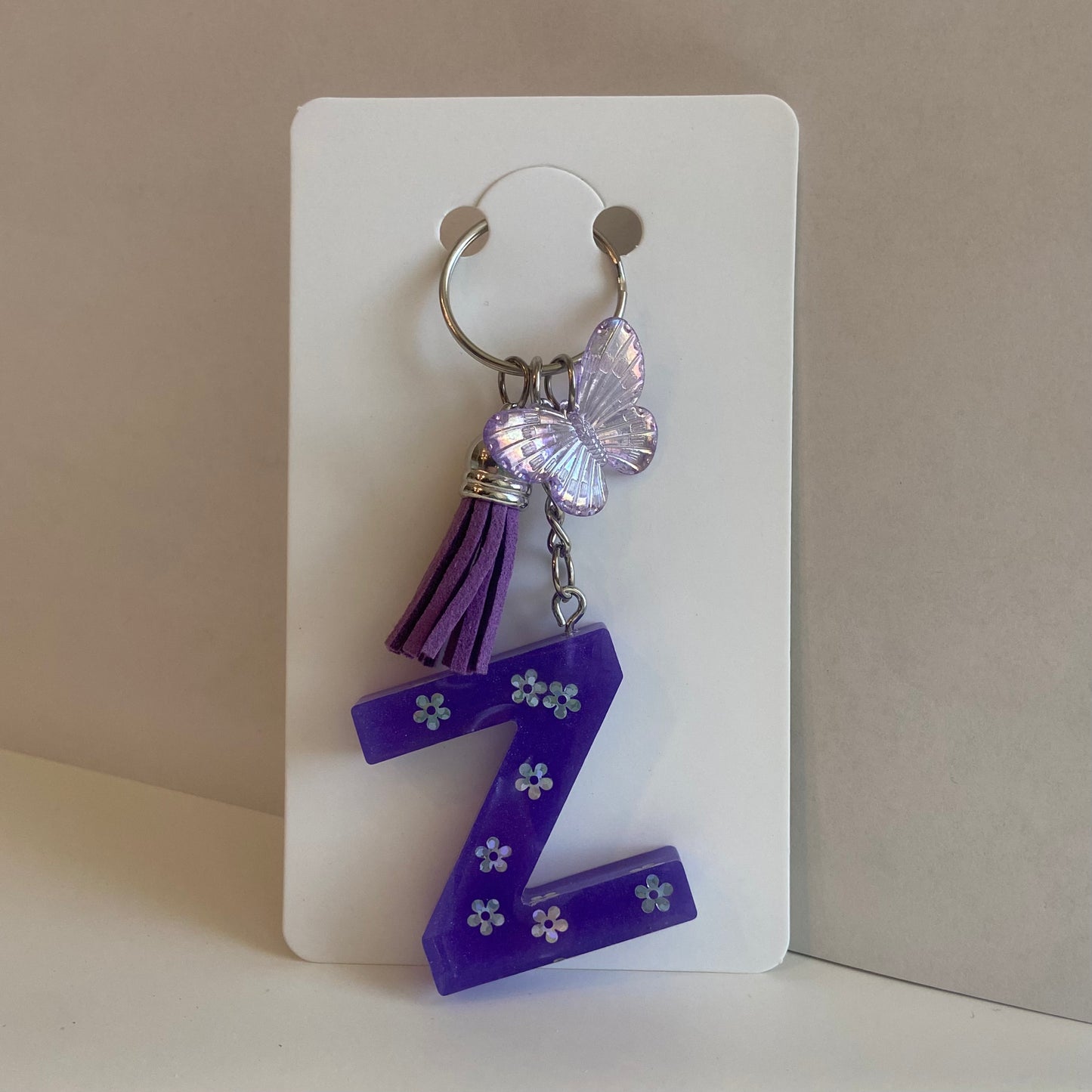 Purple Flower Initial Keychain