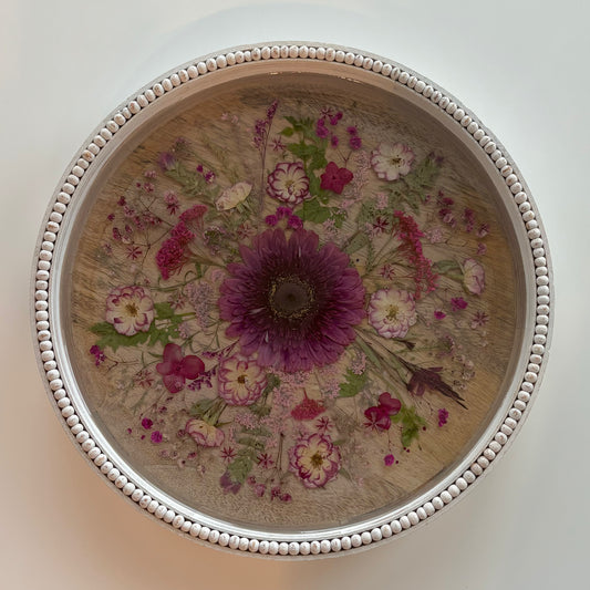 Beaded Round Wood Floral Tray