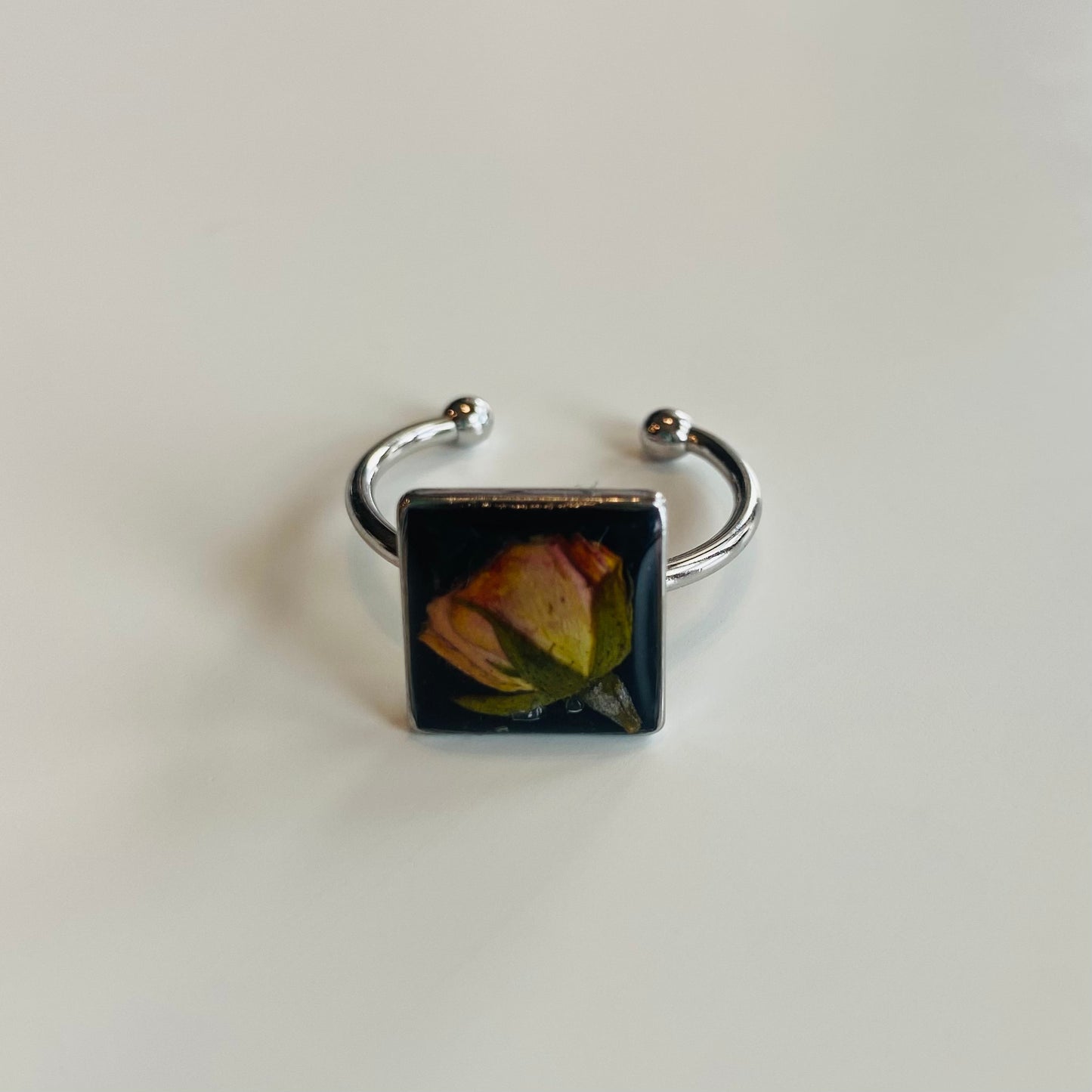 Adjustable Square Black Floral Ring