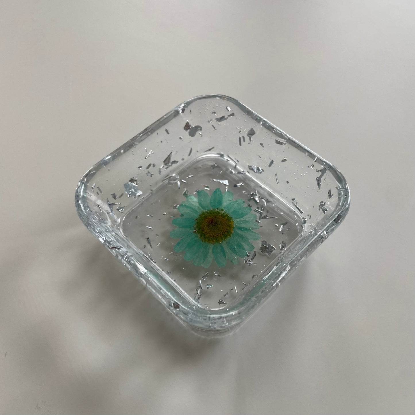 Teal Daisy & Silver Flower Square Dish