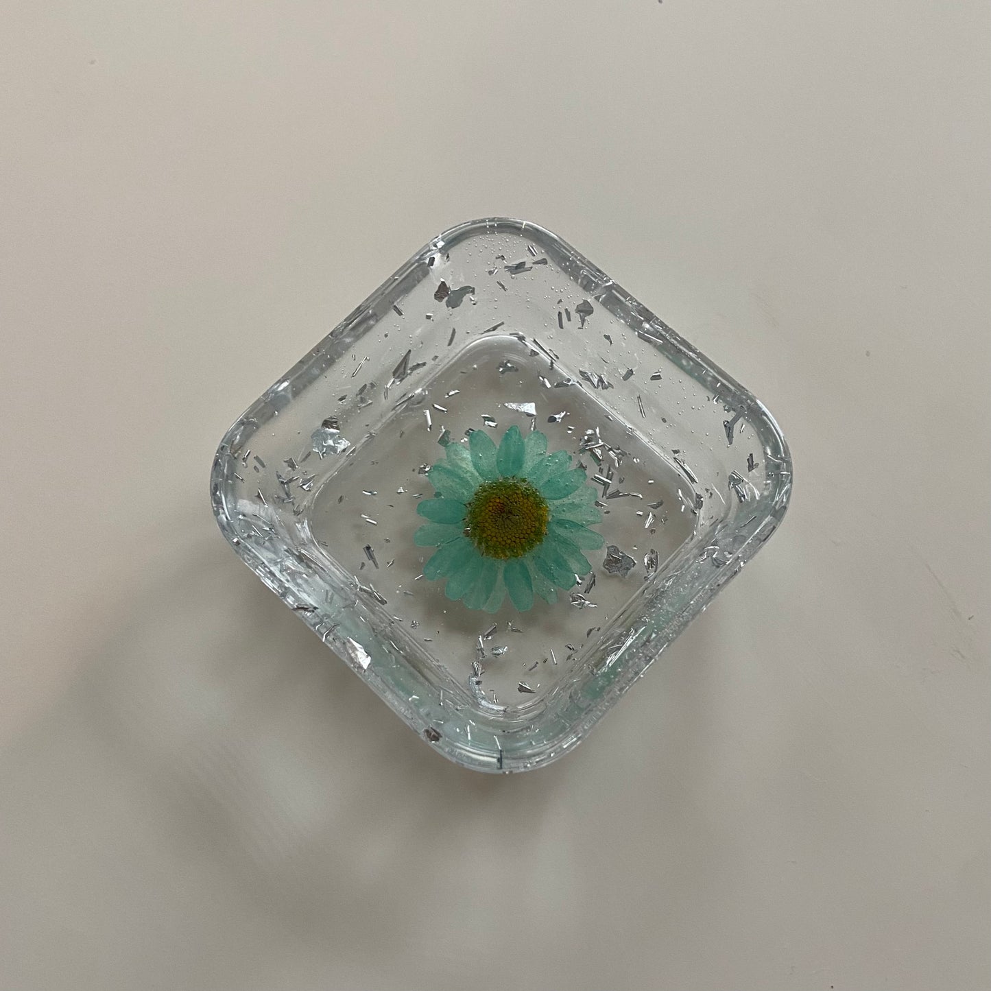 Teal Daisy & Silver Flower Square Dish