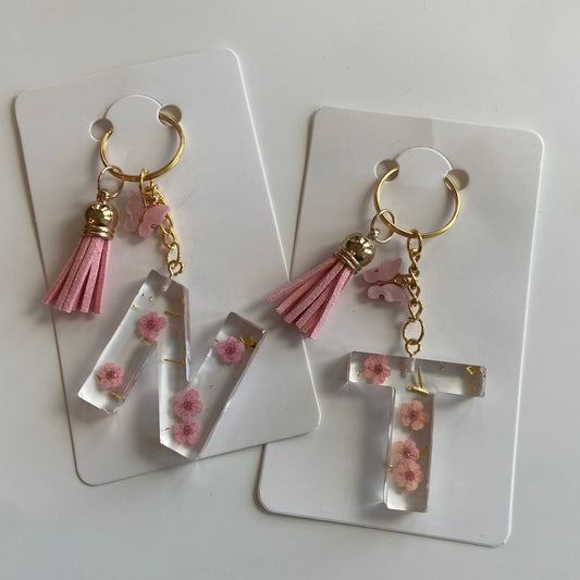 Dainty Pink Flower Initial Keychain