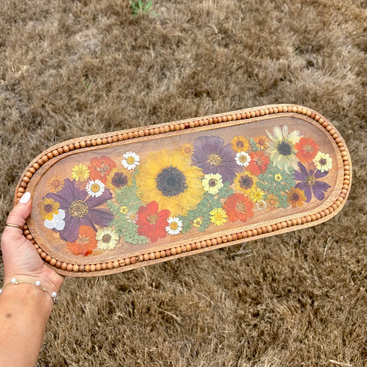 Oval Beaded  Raised Wood Floral Tray