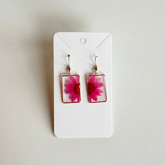 Small Hot Pink Rectangle Daisy Earrings