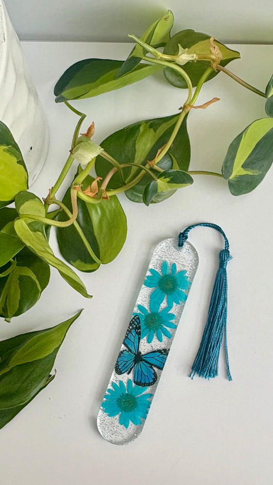 Teal Blue Floral Butterfly Bookmark