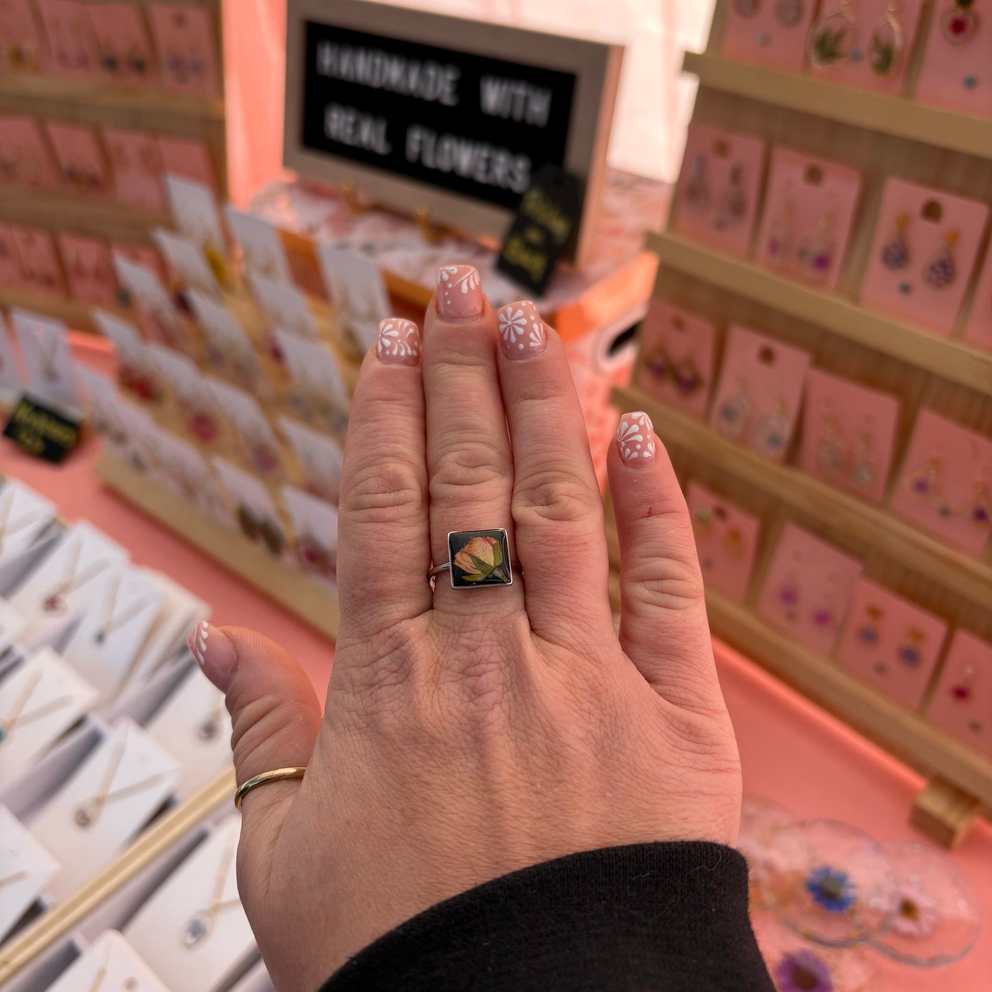 Adjustable Square Black Floral Ring