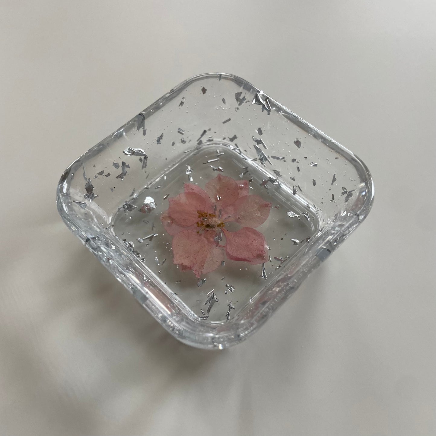 Light Pink Larkspur  & Silver Flower Square Dish