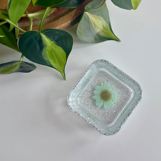 Teal Flower Glitter Dish