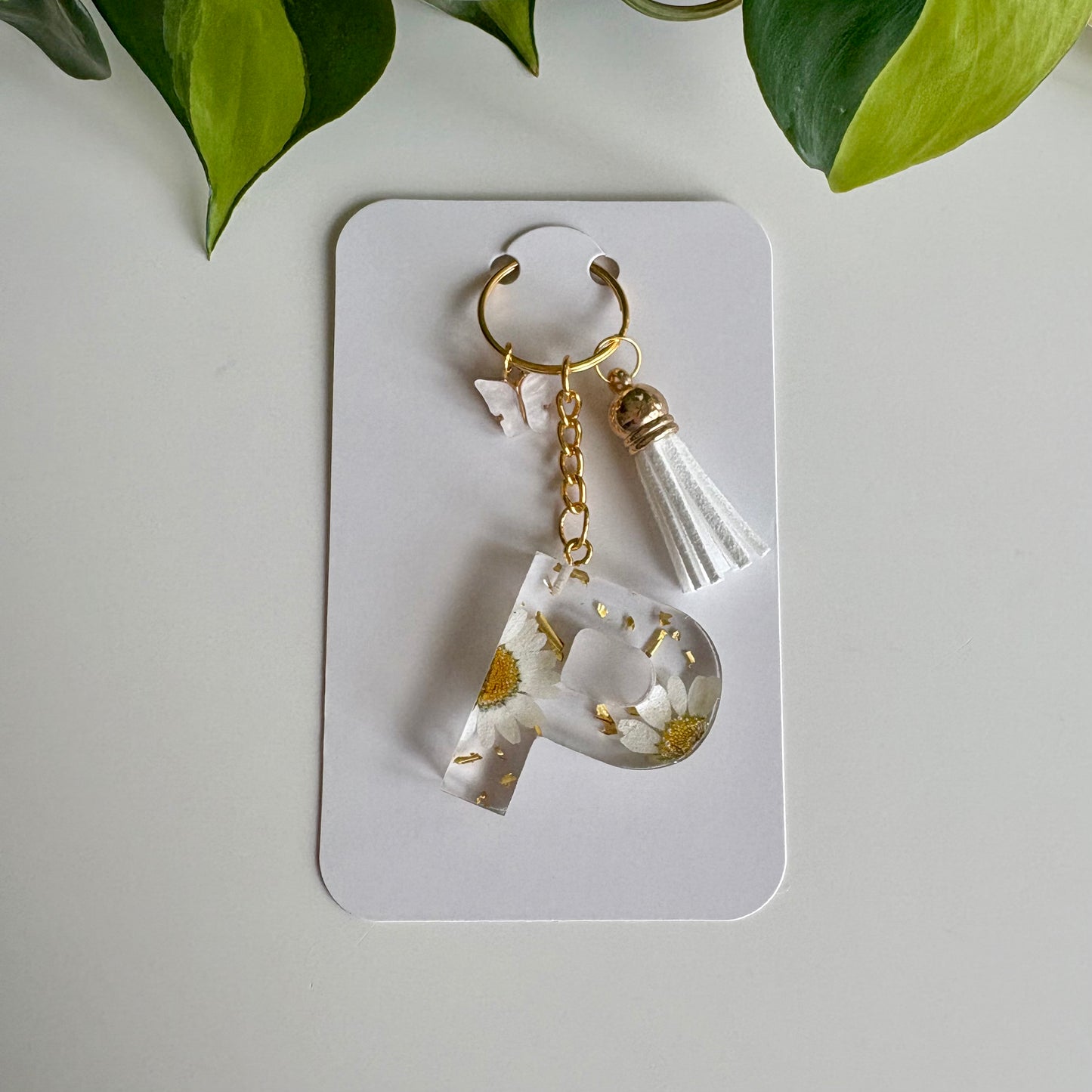 White Daisy Initial Keychain