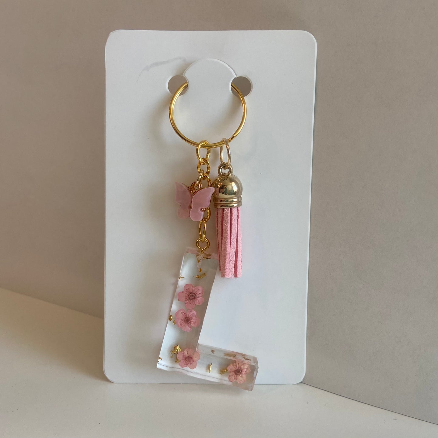 Dainty Pink Flower Initial Keychain