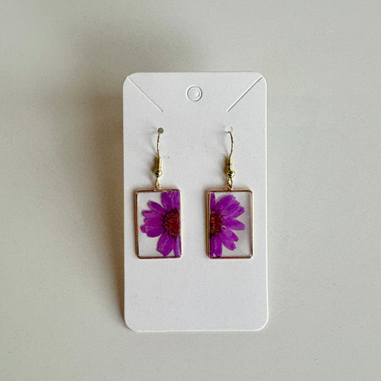 Small Purple Rectangle Daisy Earrings