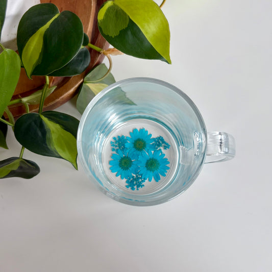 Teal Blue Floral Glass Mug