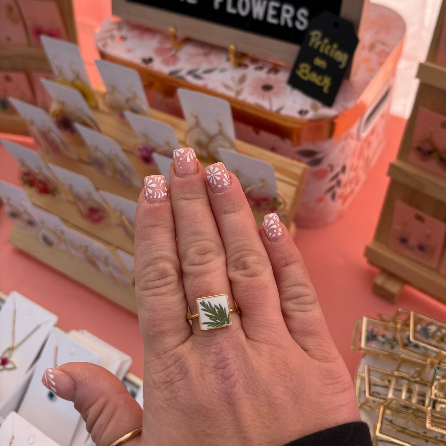 Adjustable White Square Greenery Ring