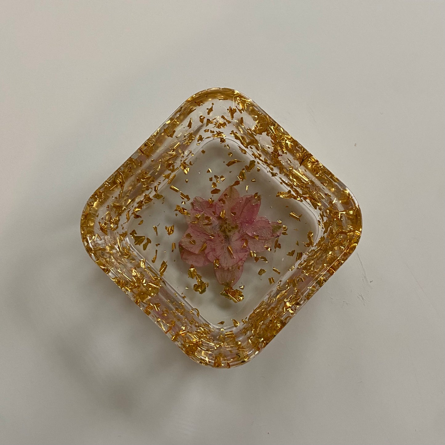 Pink Larkspur & Gold Flower Square Dish