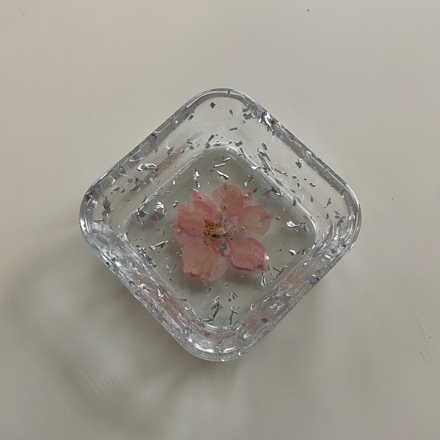 Light Pink Larkspur  & Silver Flower Square Dish