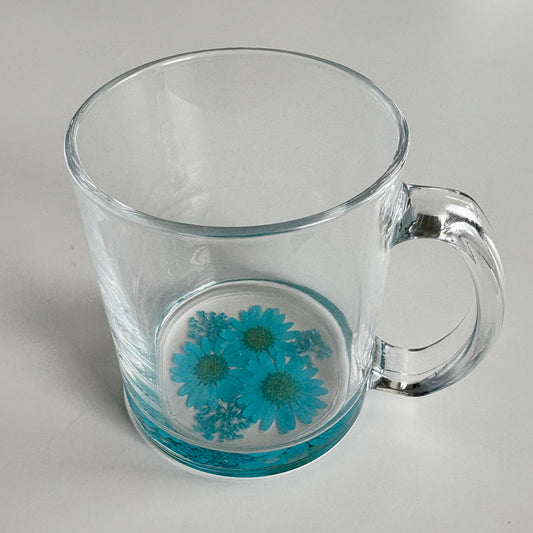 Teal Blue Floral Glass Mug